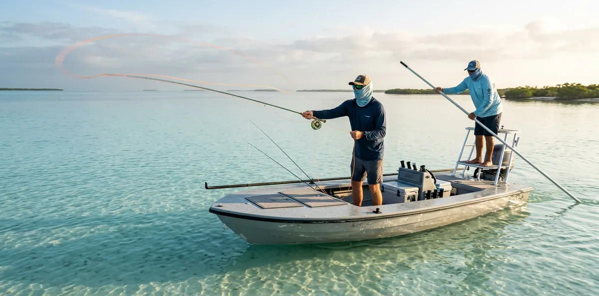 Flats Fishing — Sight-Fishing knietiefer Salzwasser-Flats für Bonefish, Permit, Tarpon. Der visuell anspruchsvollste Stil im Angeln.